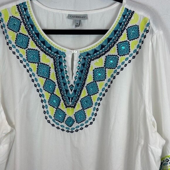Catherine's Women's White Blue Embroidered Beaded‎ Boho Peasant Blouse Size 2X - Picture 2 of 11